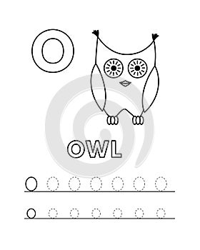 Vector Cute Cartoon Animals Alphabet and Tracing Practice Letter O. Owl Coloring Pages