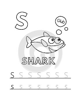 Vector Cute Cartoon Animals Alphabet and Tracing Practice Letter S. Shark Coloring Pages