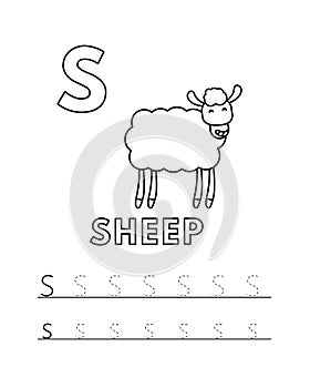 Vector Cute Cartoon Animals Alphabet and Tracing Practice Letter S. Sheep Coloring Pages