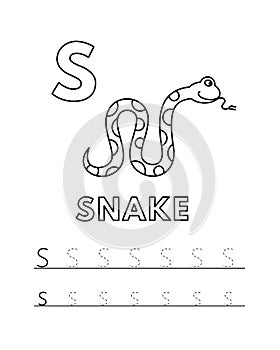 Vector Cute Cartoon Animals Alphabet and Tracing Practice Letter S. Snake Coloring Pages