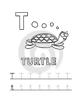 Vector Cute Cartoon Animals Alphabet and Tracing Practice Letter T. Turtle Coloring Pages