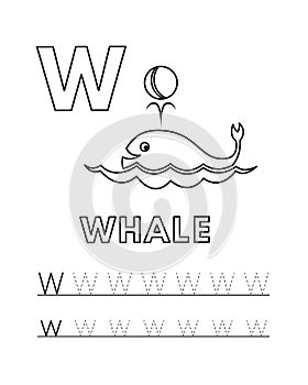 Vector Cute Cartoon Animals Alphabet and Tracing Practice Letter W. Whale Coloring Pages