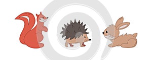 Vector cute cartoon autumn animals for Thanksgiving day decoration. Small wild animals - squirrel, hedgehog and hare