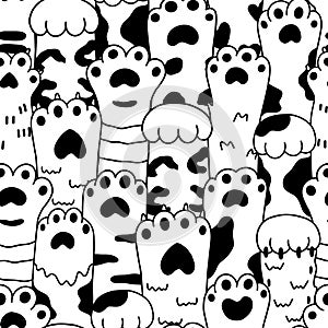 Vector cute cartoon black and white sketch paw pets seamless pattern