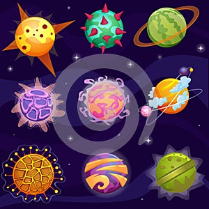 Vector Cute cartoon fantasy fantastic planets set on galaxy stars background.