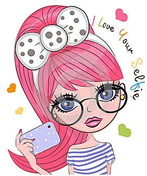 Vector cute cartoon girl makes selfie