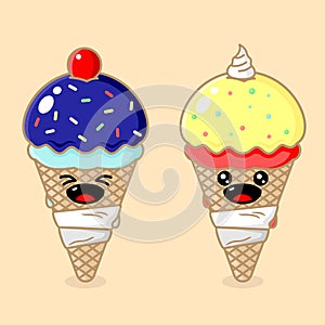 Vector cute cartoon ice cream character with two flavors and expressions