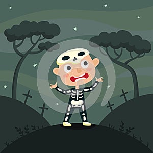 Vector cute cartoon kid in colorful halloween costume - skeleton.