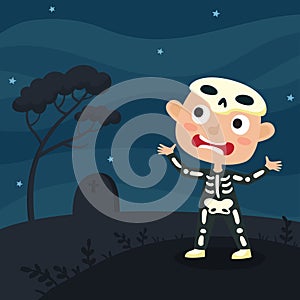 Vector cute cartoon kid in colorful halloween costume: skeleton