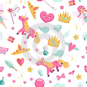 Vector cute cartoon magic and fairytale elements pattern or background illustration