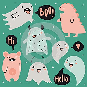 Vector cute cartoon monsters set. Collection of funny doodle characters