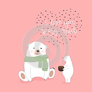 Vector cute cartoon polar bear child giving cup of coffee to mommy, Happy family bear and flying bees in heart shape with `I love