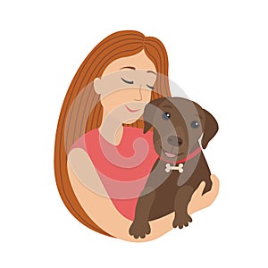 Vector cute cartoon smiling girl hug a puppy labrador, woman hold in embrace her dog lovely pet illustration