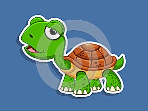 Vector Cute Cartoon Turtle Sticker on color background. Vector Illustration With Cartoon Style Funny Sea Animal