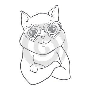 Vector cute cat illustration. Hand drawn Stylish kitten art. Doodle Kitty in glasses. Cartoon animal isolated on white.