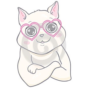 Vector cute cat illustration. Hand drawn Stylish kitten art. Doodle Kitty in glasses. Cartoon animal isolated on white.