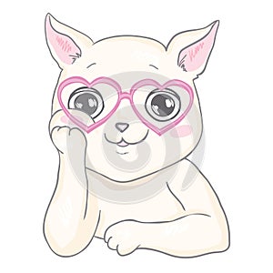 Vector cute cat illustration. Hand drawn Stylish kitten art. Doodle Kitty in glasses. Cartoon animal isolated on white.