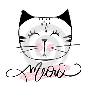 Vector cute cat illustration. Hand drawn Stylish kitten. Doodle Kitty. Meow lettering.