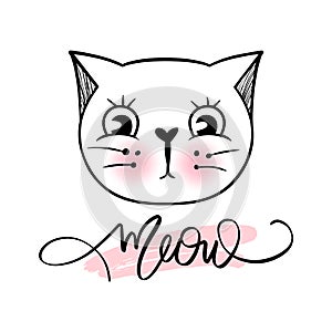 Vector cute cat illustration. Hand drawn Stylish kitten. Doodle Kitty. Meow lettering.