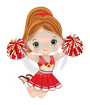 Vector Cute Cheerleader with Pom Poms Jumping