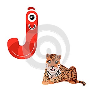 Vector Cute Childish Cartoon English Alphabet. Letter J With Jaguar. The Letter Like Little Monster. Flat style. Vector