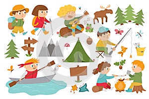 Vector cute children doing summer camp activities. Kids hiking, fishing, rafting, eating marshmallow and sausage by the fire and