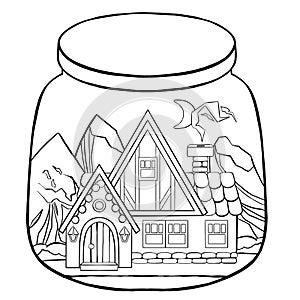 Vector cute christmas fairy europe tale town doodle in magic jar.Hand drawn line illustration