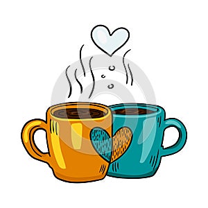 Vector cute coffee or tea cups with steam that forms the symbol of love. Hand drawn illustration in doodle style. Colorful art