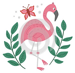 Vector cute composition with pink flamingo, tropical leaves and butterfly. Funny exotic bird illustration. Bright flat picture for