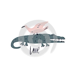 Vector cute crocodile and bird friendship concept. Wild safari African animals. Funny cartoon doodle characters in scandinavian