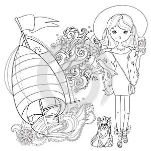 Vector cute fashion girl with dog.