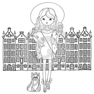 Vector cute fashion girl with dog.