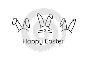 Vector cute festive horizontal banner with rabbit ears. Greeting card three heads of bunny on white background. Holiday