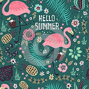 Vector cute flamingo with tropical fruits, plants and flowers. Seamless pattern