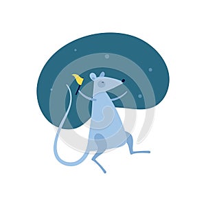 Vector cute flat mouse character illustration. Chinese new year celebration concept. Gray cartoon rat dance with flag on blue