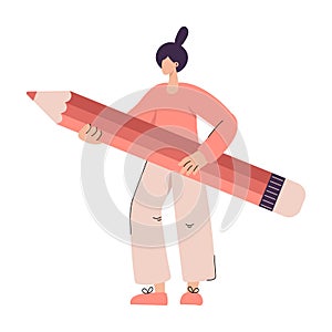 Vector cute flat woman artist with pensil for draw writer. Flat simple girl education illustration for web template