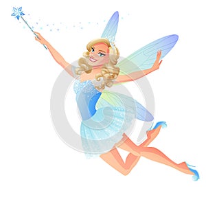 Vector cute flying blue tooth fairy with magic wand.