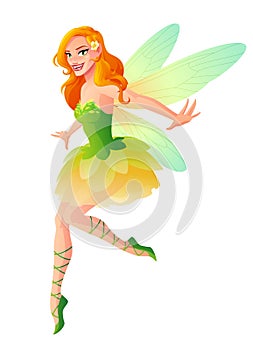 Vector cute flying fairy with dragonfly wings in green outfit.