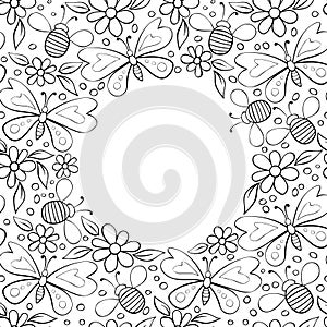 Vector cute frame, border from contoured butterflies, honey bees and flowers in Doodle style. Glade, nature theme