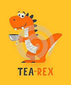 Vector Cute and Funny Cartoon Hand Drawn Dinosaur Drinking Hot Tea Beverage, Holding Cup of Tea. Kids, Children s