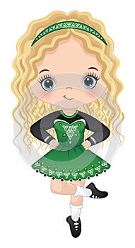 Vector Cute Girl Dancing Irish Dance in Traditional Celtic Dress