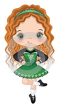 Vector Cute Girl Dancing Irish Dance in Traditional Celtic Dress