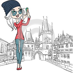 Vector cute girl makes selfie in Prague