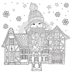 Vector cute girl in winter hat with christmas gift