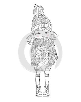 Vector cute girl in winter hat with christmas gift