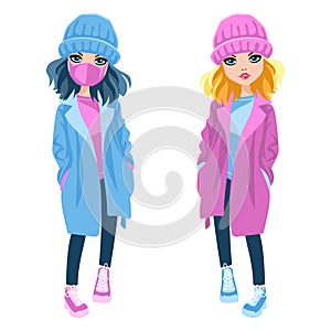 Vector cute girls in warm coats photo