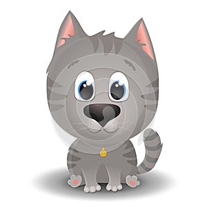 Vector cute gray tabby cat with big eyes in cartoon style. Flat character illustration isolated on white background