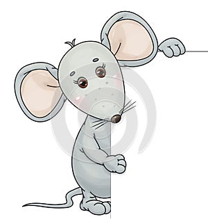 Vector cute, grey  mouse  cartoon hiding behind by blank.