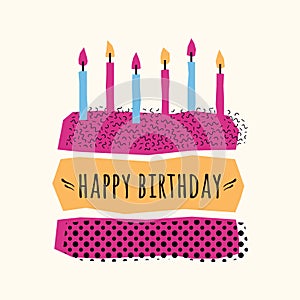 Vector cute Happy Birthday card with cake, candles