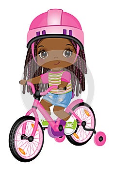 Vector Cute Happy Black Girl Learning to Ride Bicycle